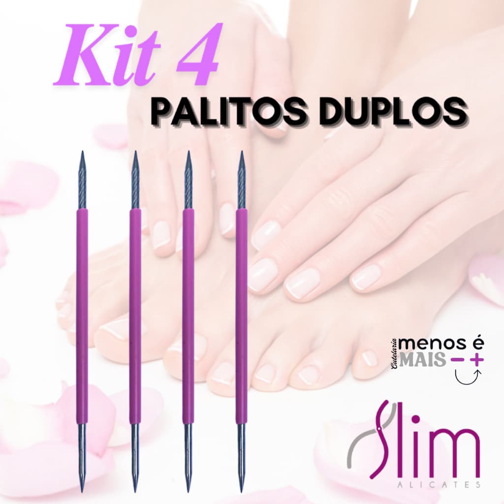 Kit com 4 Palito Duplo 105 Cutícula Manicure Pedicure Cutelaria Unha Lilás Silicone Esterilizável Inox Slim
