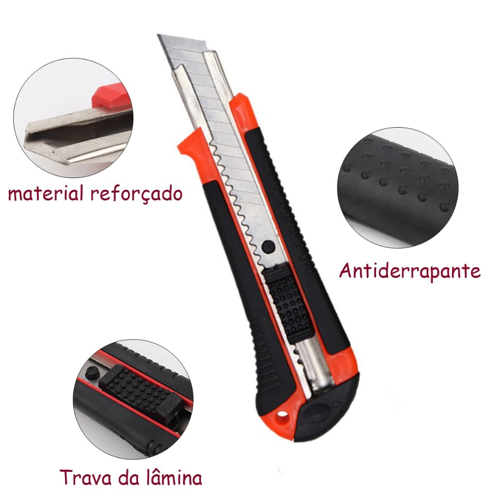 Kit Estilete + 3 Laminas 18mm estilete Profissional Emborrachado alta durabilidade Com Trava