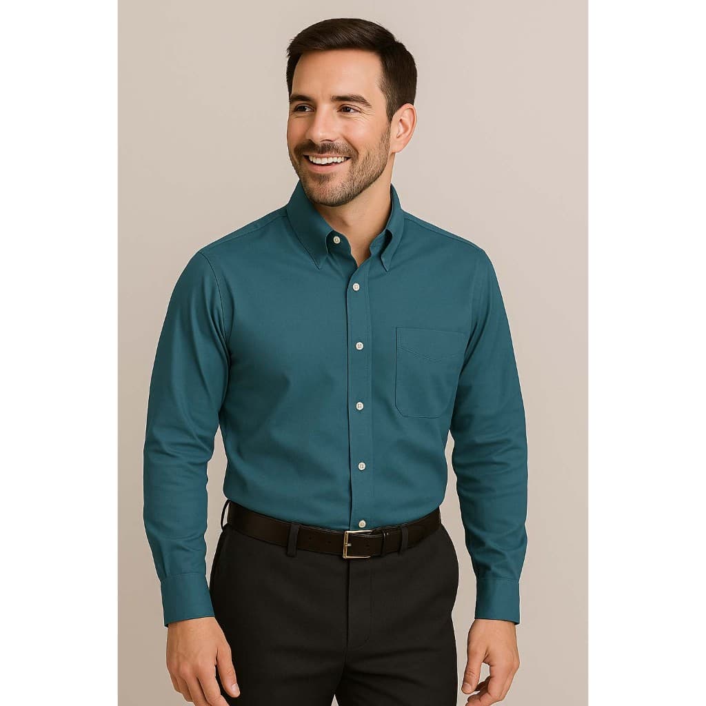 Camisa Social Manga Longa 100% Microfibra Masculina Verde Escuro Petróleo Lisa Bom Pano