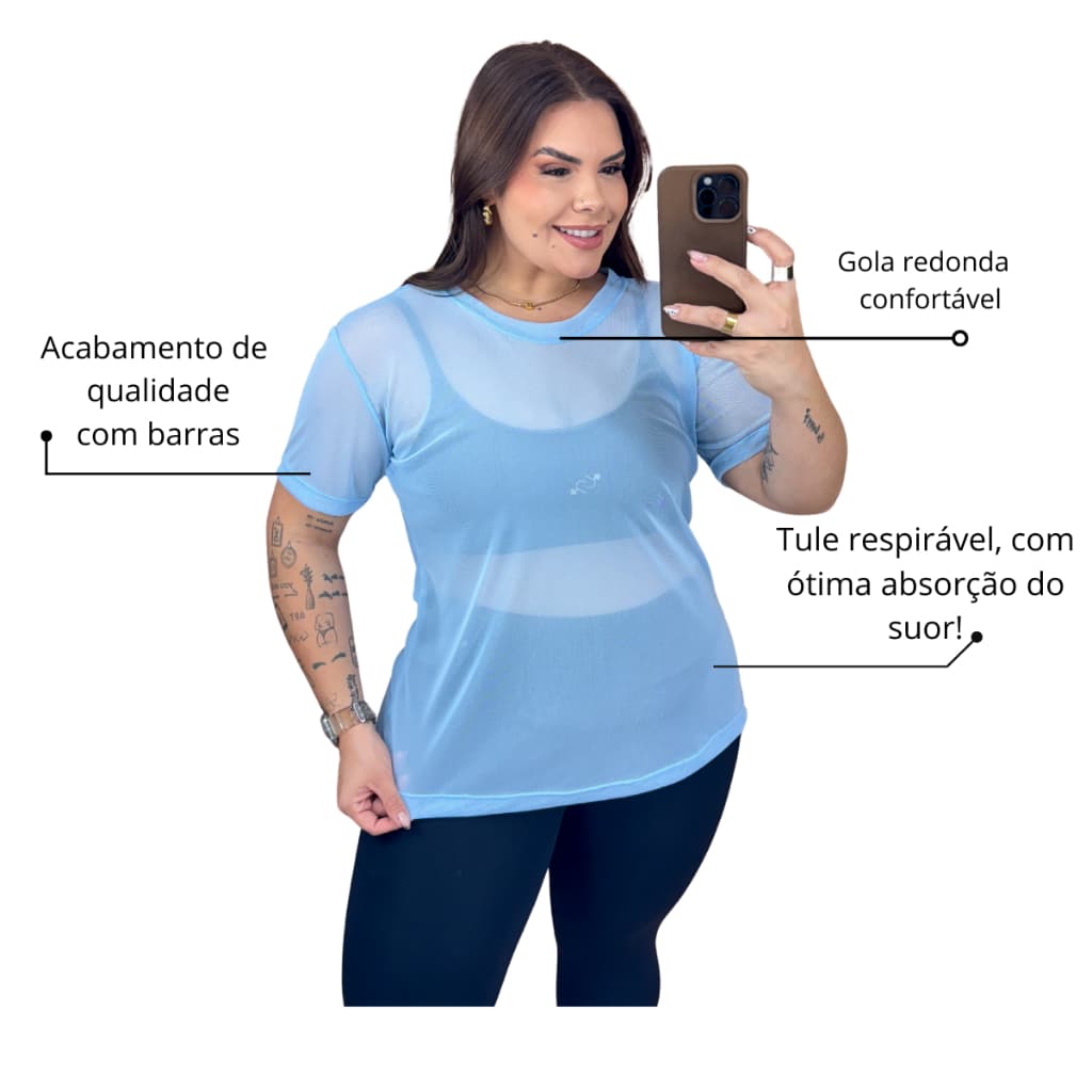 kit 3 Blusas de Tule Feminina Academia Plus Size Fitness