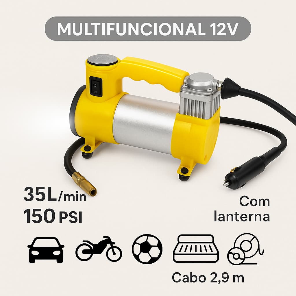 Mini Compressor de Ar P/ Carro Moto Com lanterna veicular 12v Portátil para pneu e infláveis