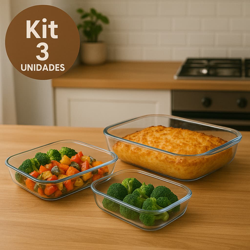 Kit Conjunto Assadeiras Travessa de Vidro Refratário Retangular Quadrada  – Forno e Micro-ondas