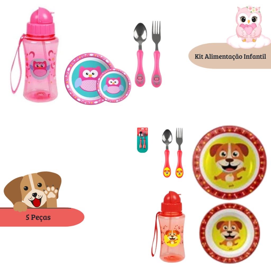 Kit Introdução Alimentar - Prato Raso + Prato Fundo + Conjunto de Talher Inox Plástico + Garrafa Squeeze Infantil