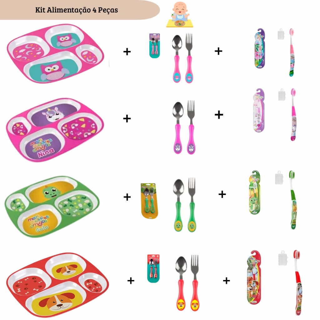 Kit Prato Colher Infantil - Prato com Divisórias + Conjunto de Talher Inox Plástico + Escova de Dente infantil