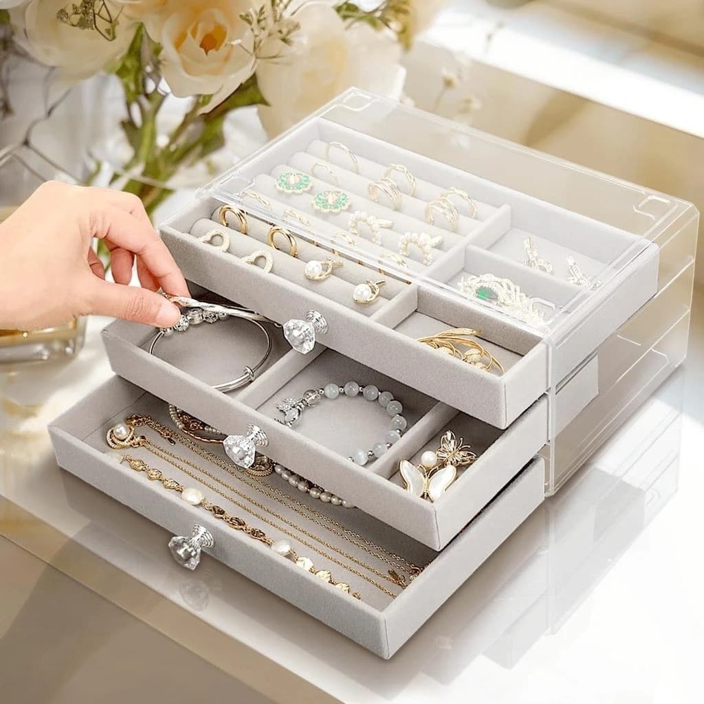 Caixa De Armazenamento De Jóias Acrílicas De Luxo Feminina 3 Camadas Brincos Anel Colar Pulseira Compartimento