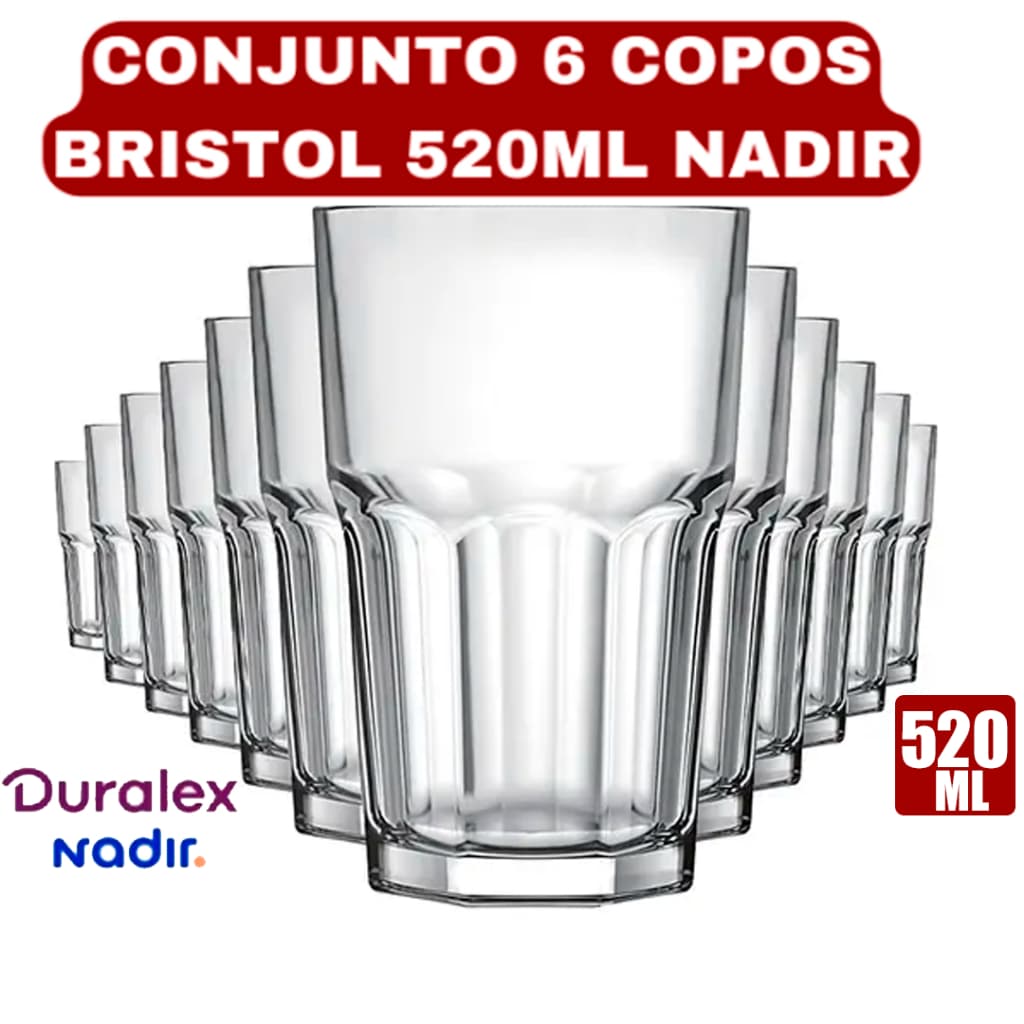 Jogo Kit 06 Peças Copos Bristol Vidro Nadir 520ml Grande Resistente Conjunto Multiuso Drink Bar