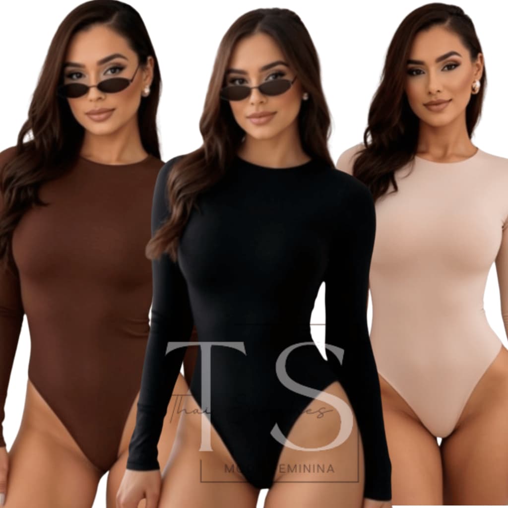 KIT Body Suplex Manga Longa Segunda Pele Decote Careca Bory Feminino Liso Confortável