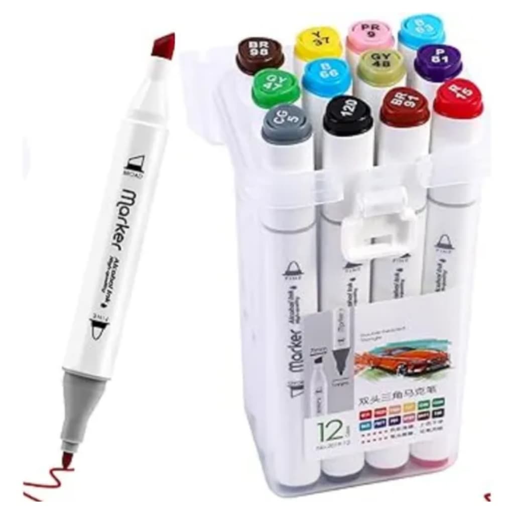 Kit Canetinhas 12 Cores Ponta Dupla Fina Grossa + Estojo Desenho Escolar Colorir
