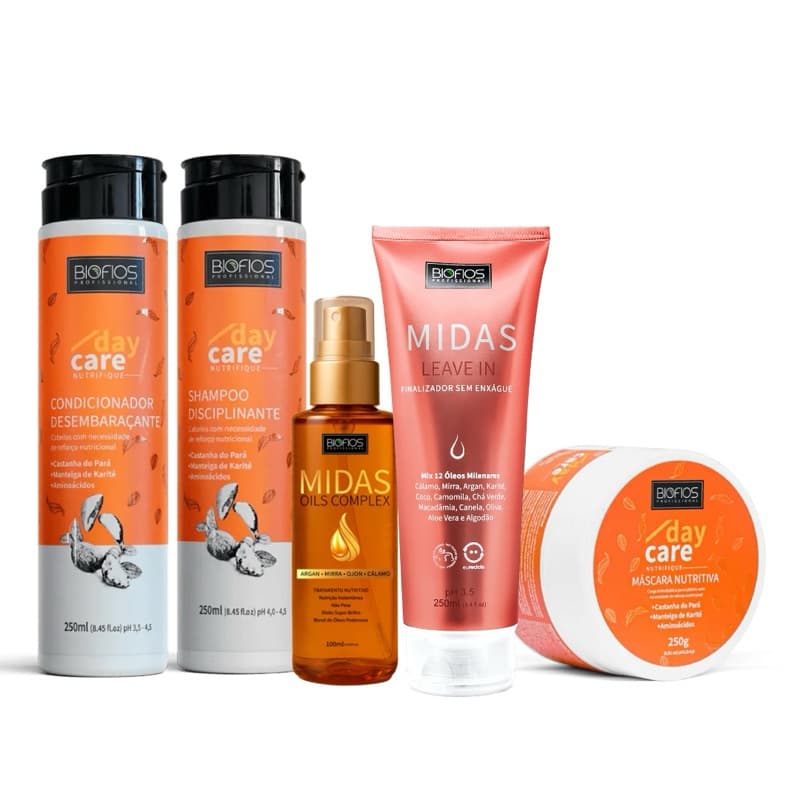 Kit Meu Cabelo Poderoso - Nutrifique Day Care + Oils Complex Finalizador + Leave-In Midas Biofios Profissional