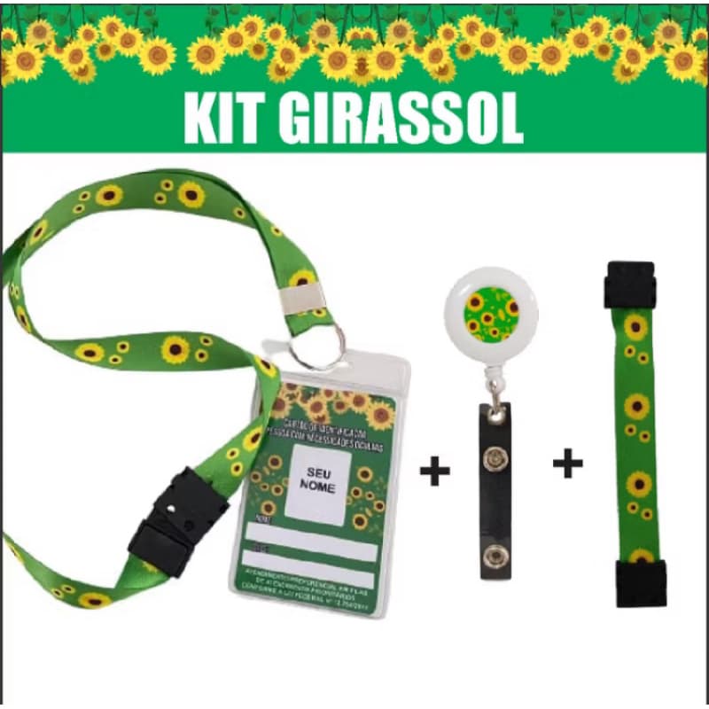 Kit Girassol Crachá + Cordão + Roller Clip + Pulseira + Porta Crachá