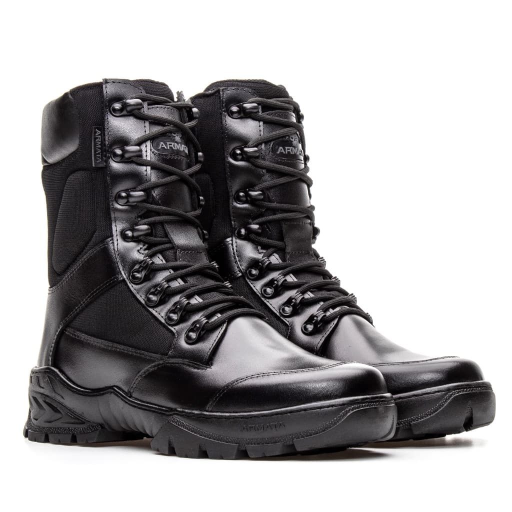 coturno militar masculino cano médio moderno e resistente de altíssima qualidade bota cor preta de couro nobre