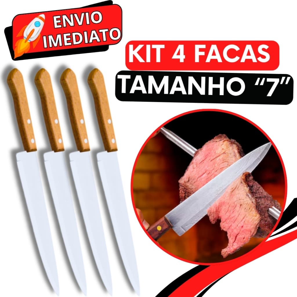 KIT 4 Faca Cabo de Madeira GRANDE Aço Inox Profissional do Chef  "5"  para Casa Restaurante Cozinha Açougue Churrascaria