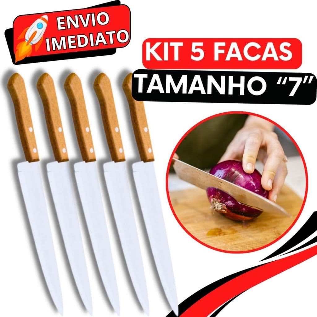 KIT 5 Faca Cabo de Madeira GRANDE Aço Inox Profissional do Chef  "5"  para Casa Restaurante Cozinha Açougue Churrascaria