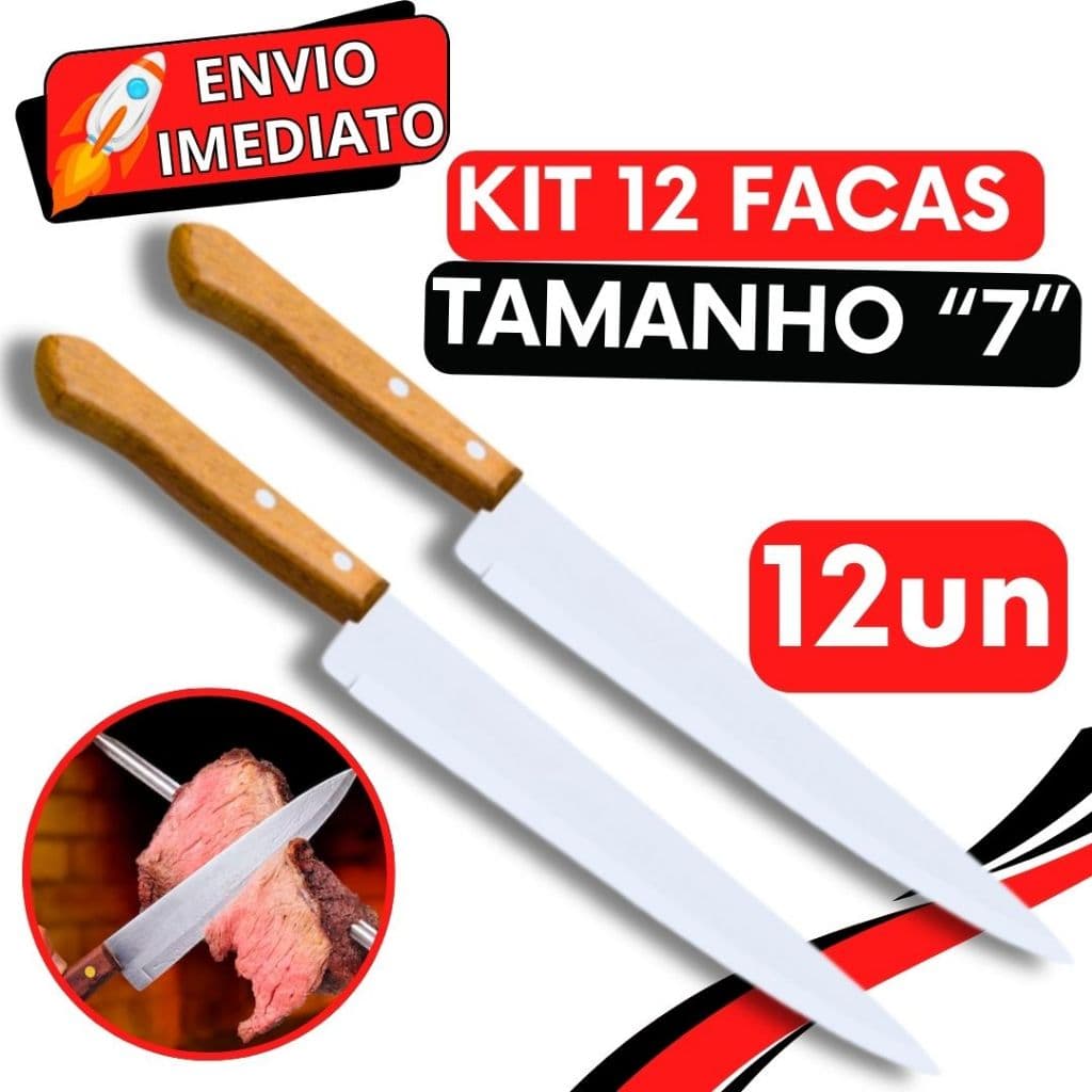 KIT 12 Faca Cabo de Madeira GRANDE Inox Profissional do Chef  "5"  para Casa Restaurante Cozinha Açougue Churrascaria