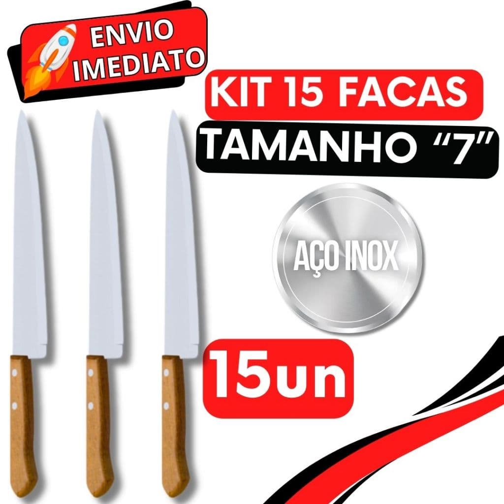 KIT 15 Faca Cabo de Madeira GRANDE Inox Profissional do Chef  "5"  para Casa Restaurante Cozinha Açougue Churrascaria