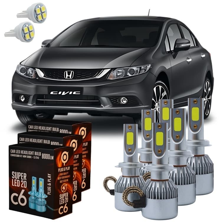 Kit Lâmpadas Super Led C6 Honda Civic 2012 A 2016 Farol Alto Baixo Milha + Pingo T10 - Lâmpadas de Led