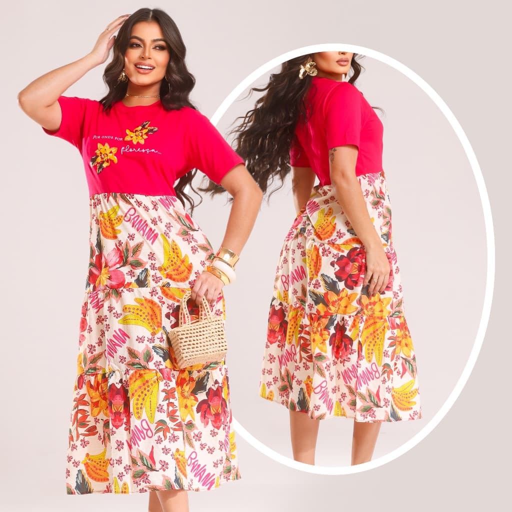 Vestido Midi Moda Evangélica Elegante Moda Casual Costa Estampado Slik Soltinho Estampa Rosa