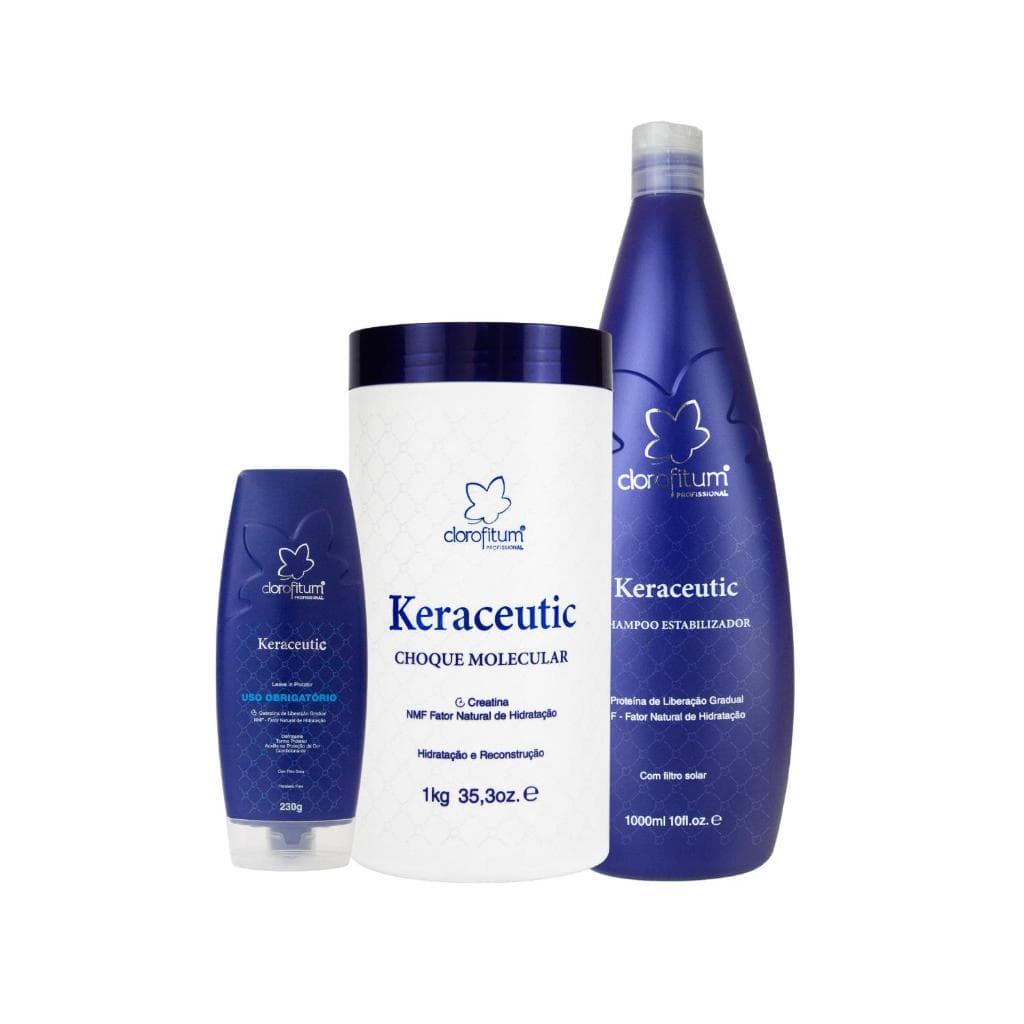 Kit Reconstrução Capilar Queratina Máscara Shampoo Leave-in Keraceutic Cabelos Fracos e Danificados