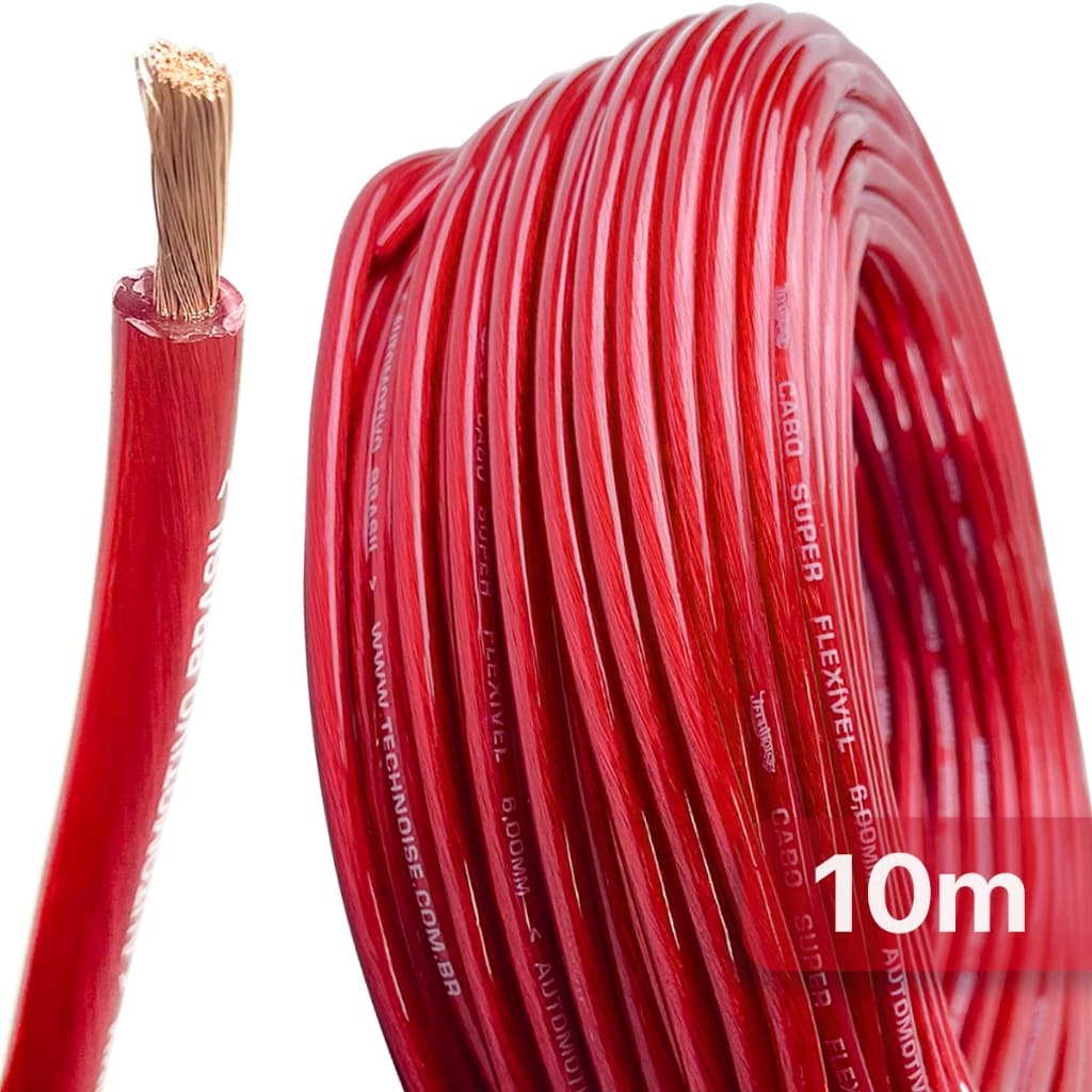 Cabo Bateria Som Automotivo 10 Metros Fio 21mm 9mm 6mm Vermelho Technoise Puro Cobre Modulo Força Som Automotivo