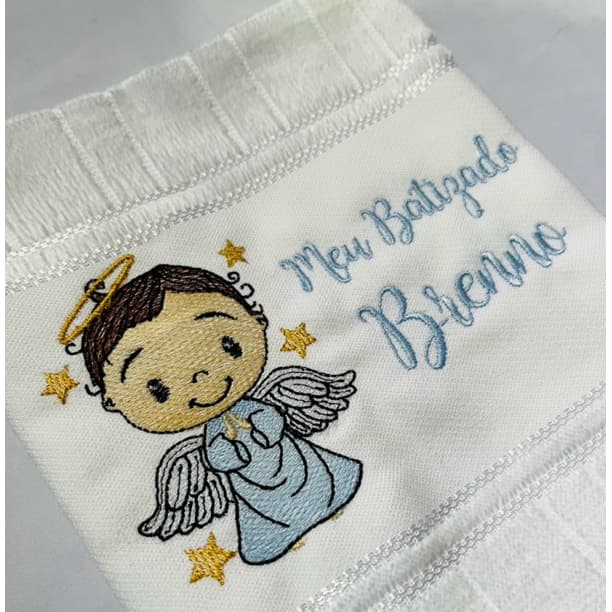 Toalha Personalizada de Batizado Desenho Anjinho Menino e Nome Bordado