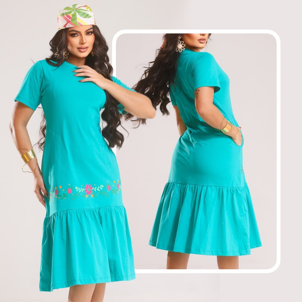 Vestido Midi 3 Marias Babado Moda Elegante Moda Casual Slik Flores Floral Soltinho Com Manga Ciano