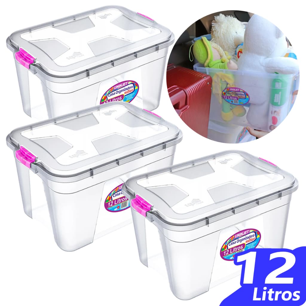 Kit 3 Caixas Organizadoras 12 Litros Multiuso com  Tampa e Trava Cesto Organizador banheiro roupas brinquedos