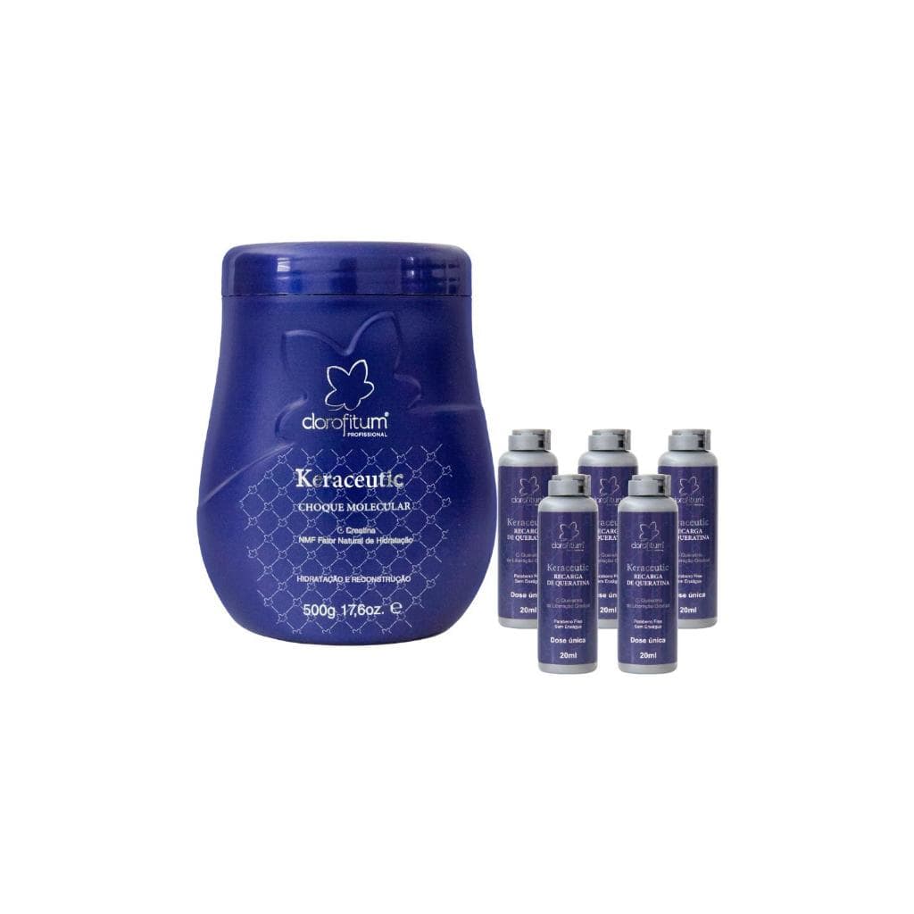 Kit Máscara Keraceutic de 500g + 5 Recargas de Queratina de 20ml Cabelos Fracos Opacos e Quebradiço