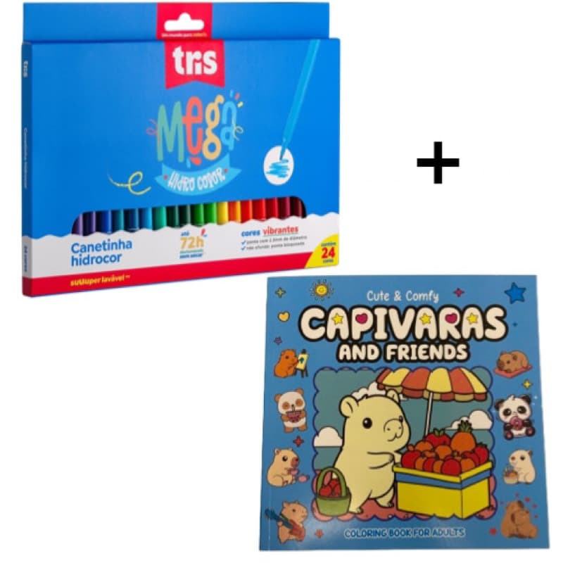 Kit Canetina + Livro desenho - Hidrocolor Mega Ponta Grossa 12/24/36 Coreso