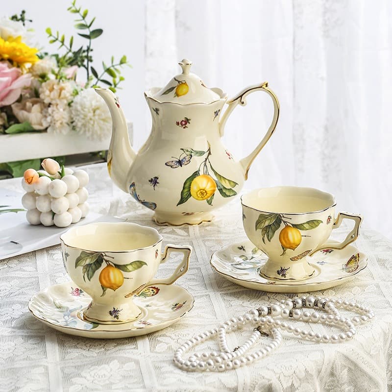 Bule de Cerâmica para Chá Cafe Xicara Porcelana Floral Lemon Estilho Inglês Vintage Elegante Mesa Posta  Decor