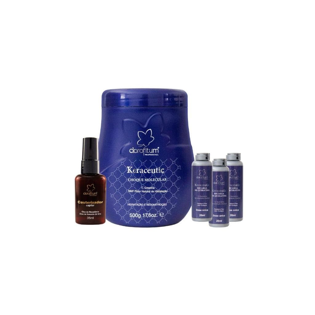 Kit Máscara keraceutic 500g 3 Recargas de Queratina e 1 Reparador de Pontas Cabelos Fracos Sem Vida