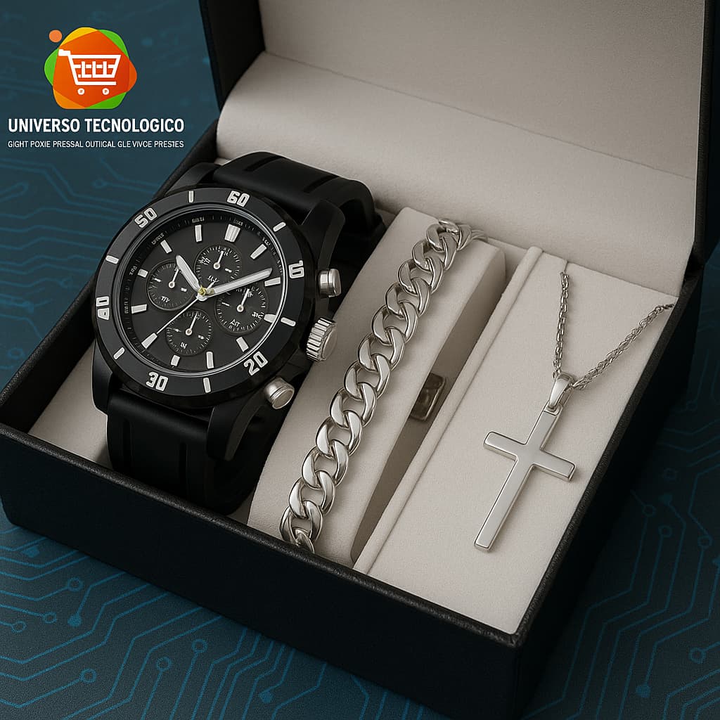Kit Relógio Masculino Original + Corrente Cruz Banhado a Ouro 18k + Pulseira Luxo