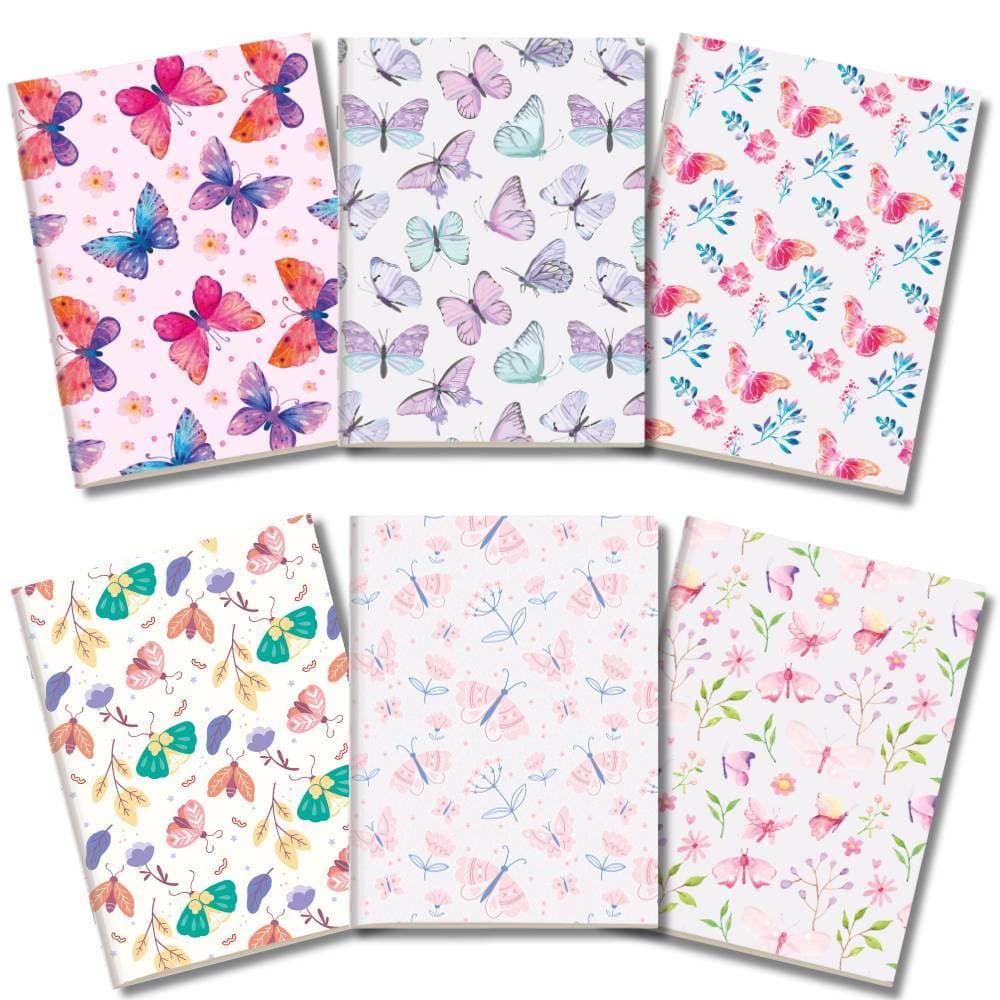 Kit 6x Cadernetas Borboletas Capa Flexível 40 Pág Pólen A5