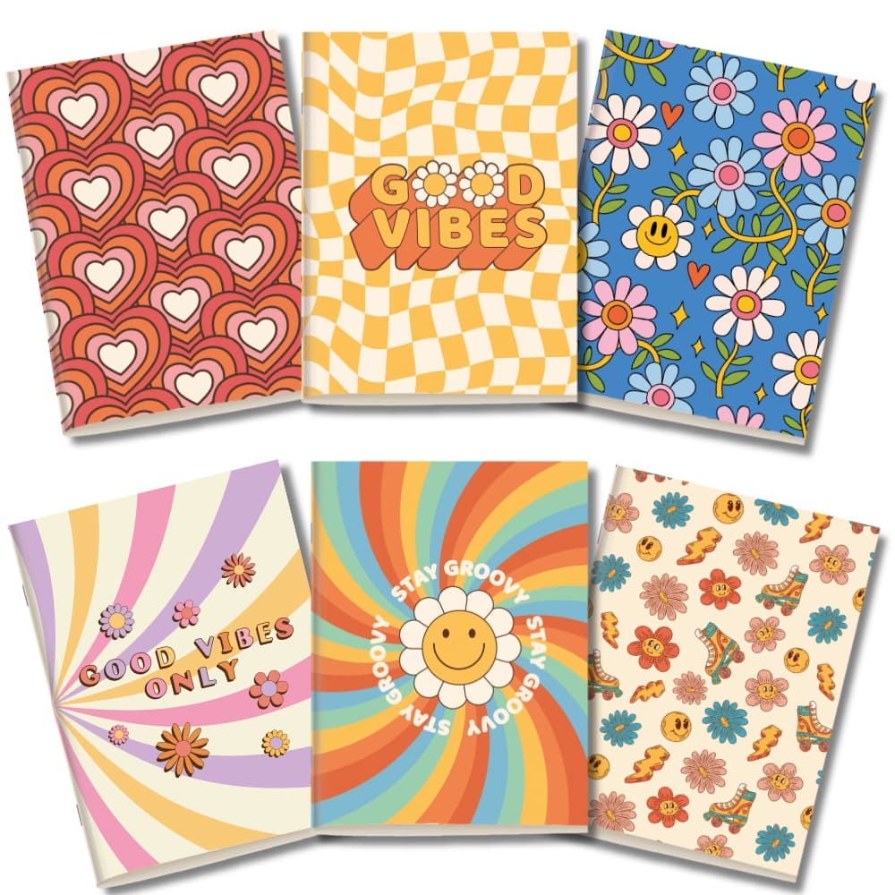Kit 6x Cadernetas Retrô Groovy Capa Flexível 40 Pág Pólen A5