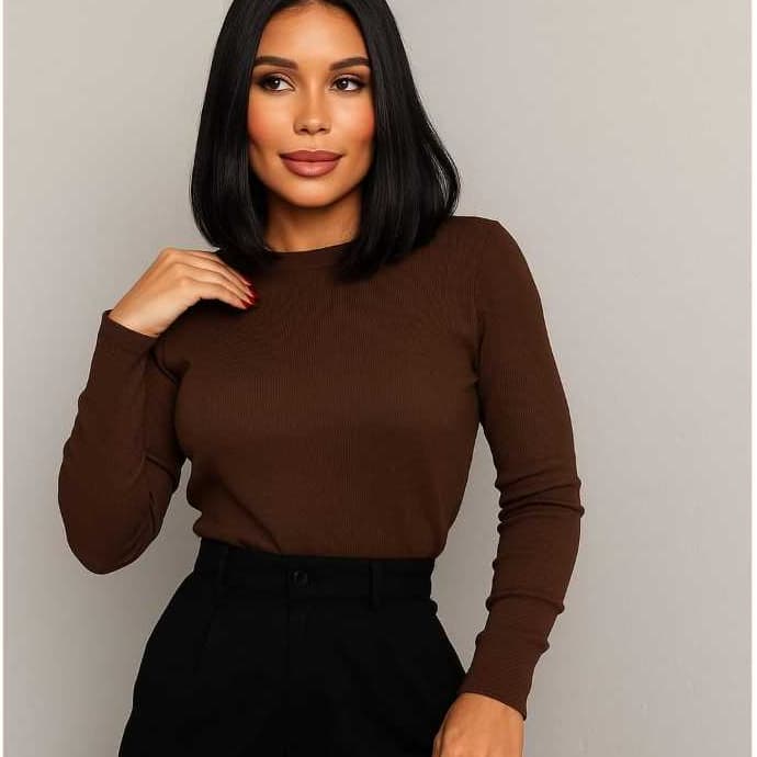 T-Shirt Blusa Feminina Casual Preta Básica Marrom com Manga Longa Inverno Frio