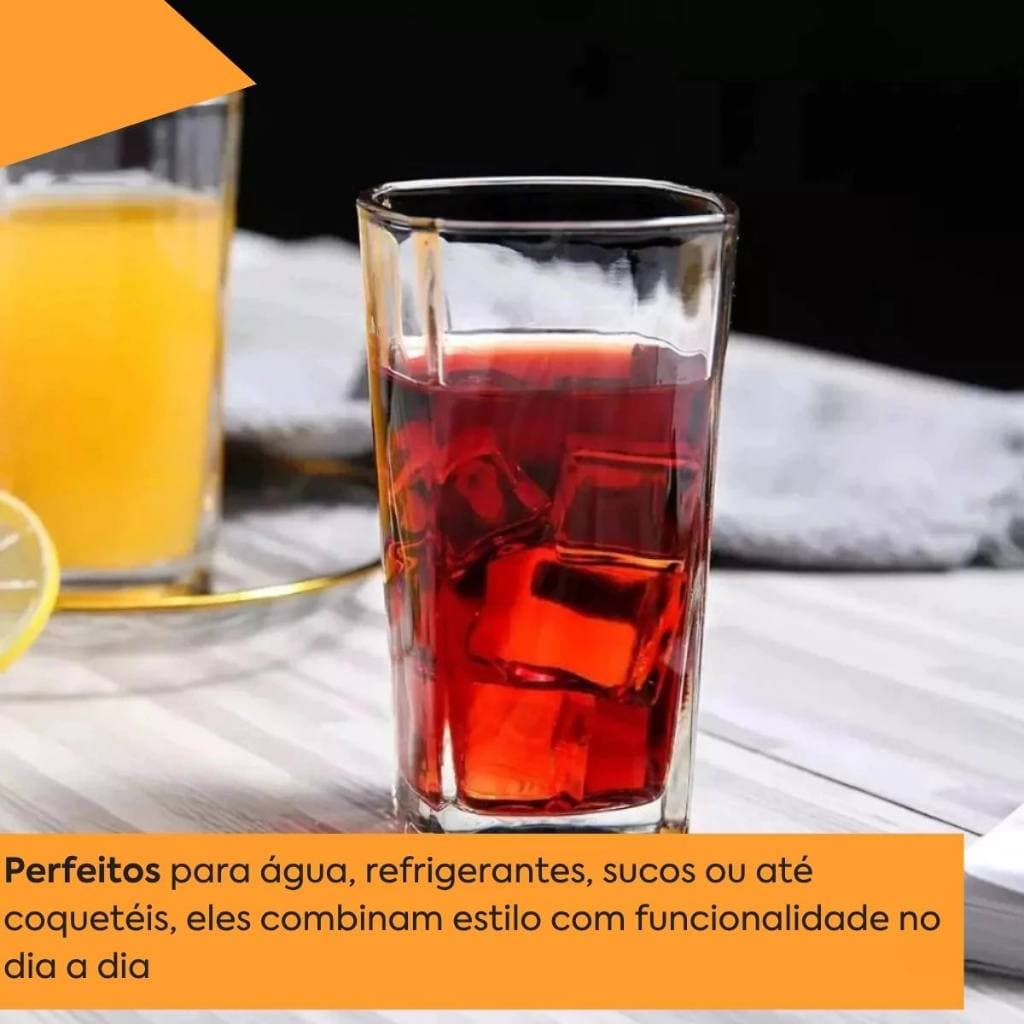 Jogo Kit com 6 Copos de Vidro Quadrado Texas 320ml Suco Drinks Bebidas Geladas Moderno Resistente