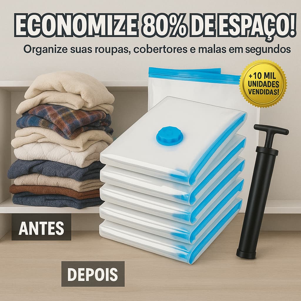 Kit Saco à Vácuo 5 Unidades Vários Tamanhos Guarda Roupa Organização Mala Viagem Limpeza