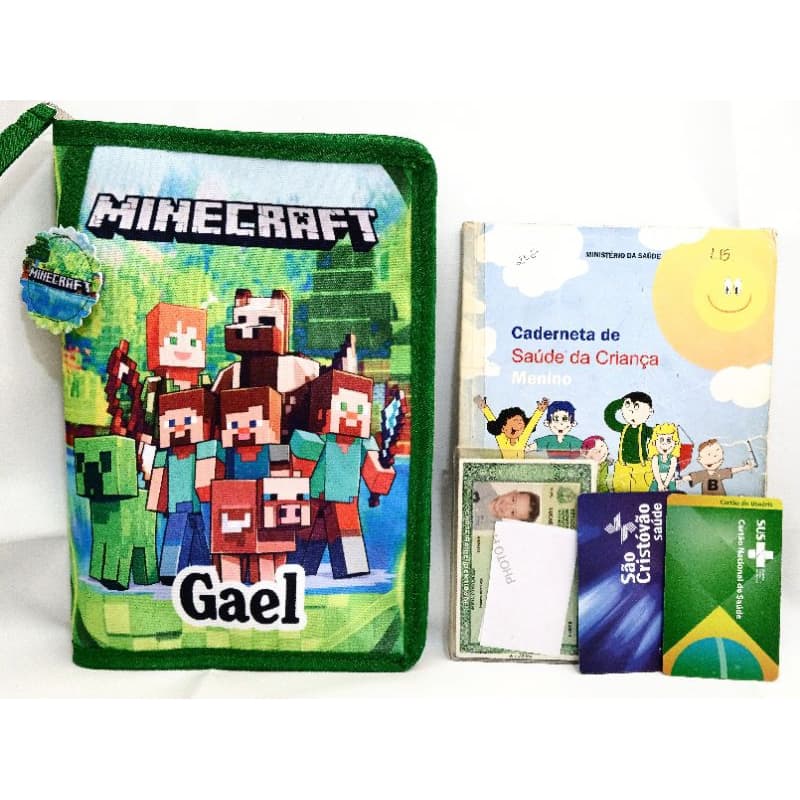 Capa  caderneta de vacina Impermeável Porta documentos infantil com zíper MINECRAFT