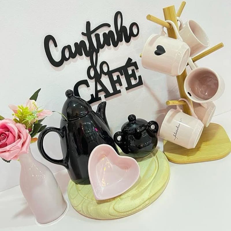 Quadro Decorativo Cantinho do Café 24cm Preto em Relevo com Letreiro Coffee Time