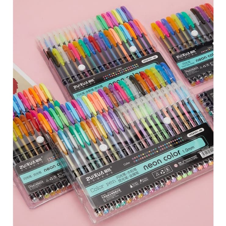 Kit com 36 Cores Caneta 1.00 mm Gel ColorGel Tinta Glitter Pastel Neon Metal Escolar