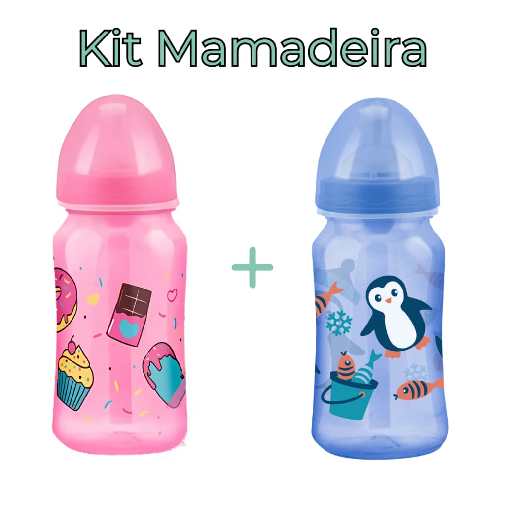 Kit 2 Mamadeiras para Bebe Mamadeira Menino e Menina Bebê Azul e Rosa com Bico de Silicone