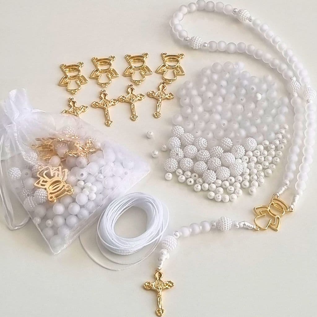 Kit Para Montagem de 4 Terço Infantil Branco Anjo e Cruz Batizado