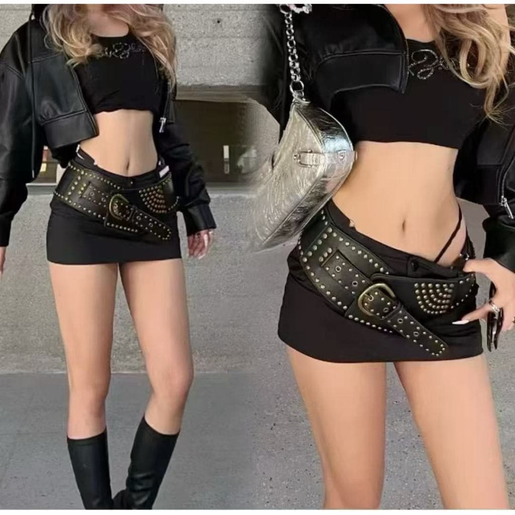 YOUBEI Cummerbunds Largos , Cinto De Rebite De Metal Emagrecedor De Couro PU , Roupas De Espartilho De Cintura Punk Ajus