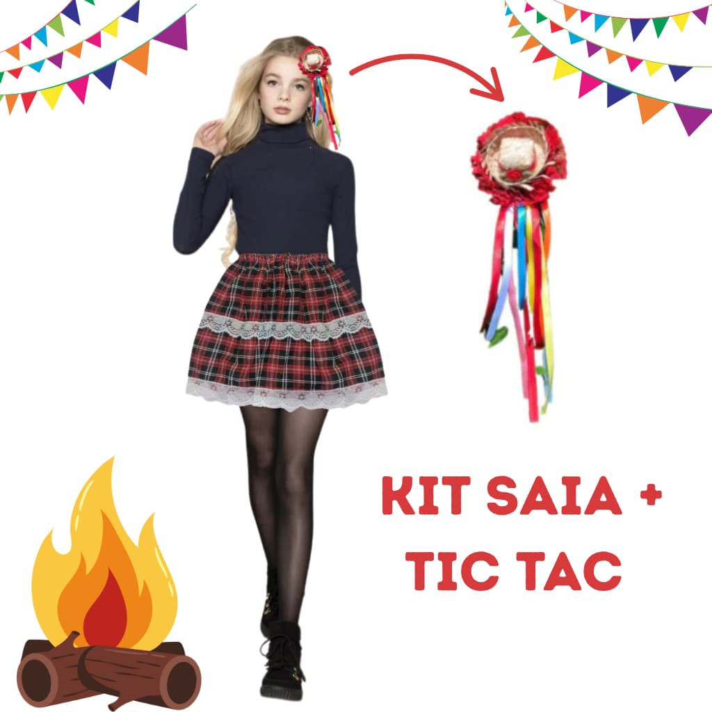 Kit Saia Curta Xadrez Festa Junina + Tic Tac Chapeuzinho Arraia Juvenil Festa São João Quadrilha Quermesse