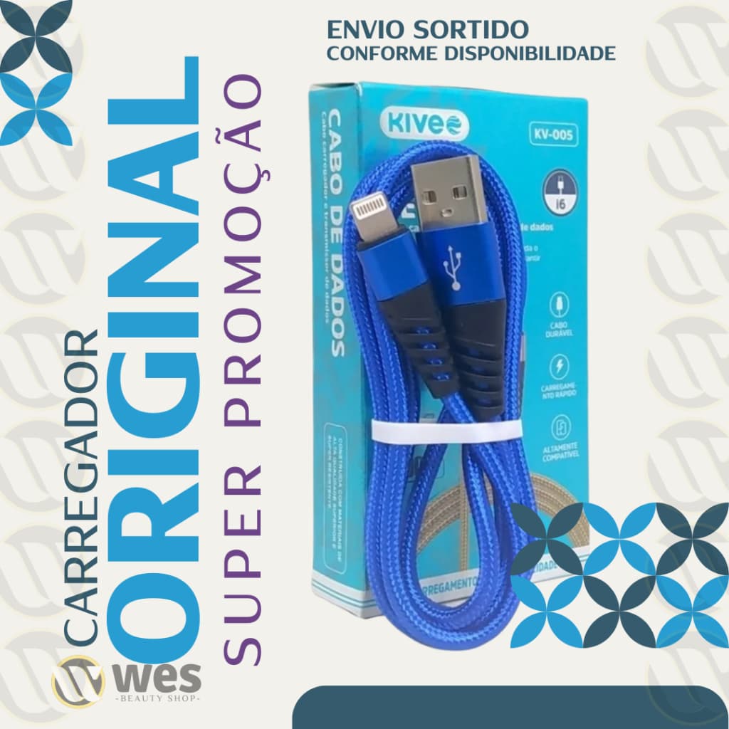 Cabo de Dados Kivee KV-078 Tipo-C 3A Turbo – 1 Metro, Carregamento Rápido - Cores Sortidas