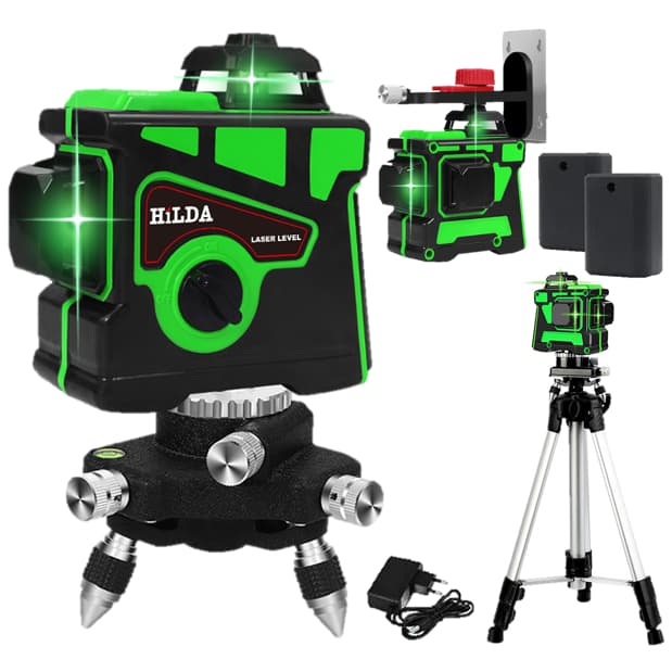 Nível a Laser 12 Linhas Verde HILDA 2 Baterias Recarregável Com Tripé de Alumínio Regulável Esquadro