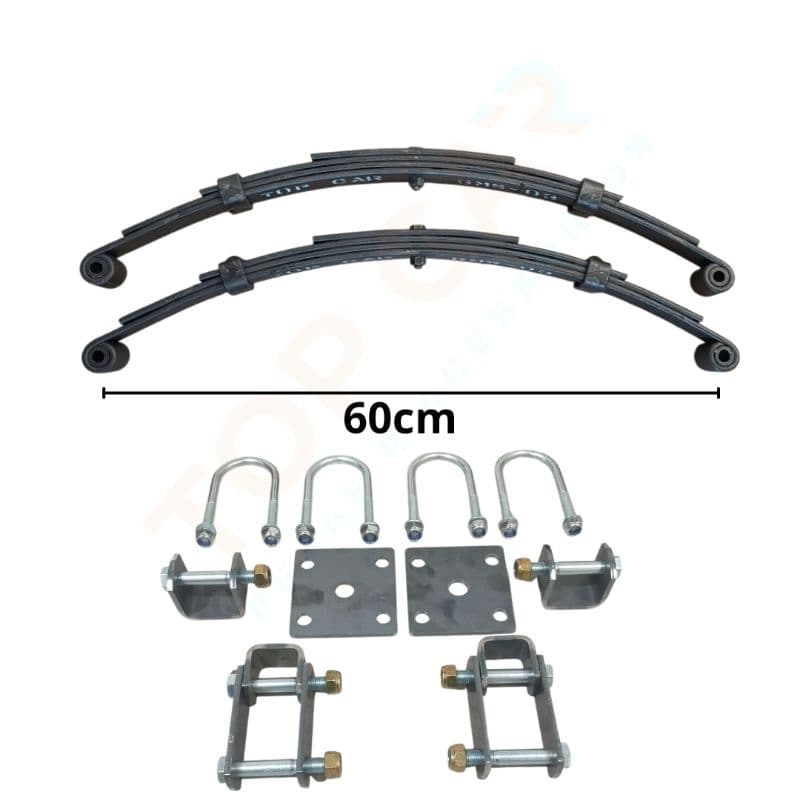 Par de Feixe de Molas 4 Lâminas 60cm + Kit Fixação Completo para Carretinha Reboque Suspensão cap de carga 550kg