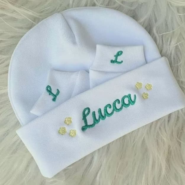 kit touca e luva de bebê, recém nascido,bordado, 100 % algodão personalizado, luvinhas, touquinhas