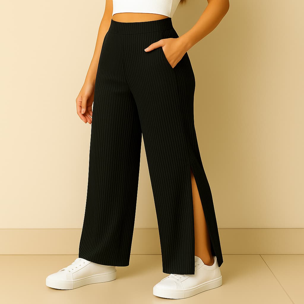 Calça Pantalona Feminina Canelado Com Fenda Lateral Wide Leg Tendência