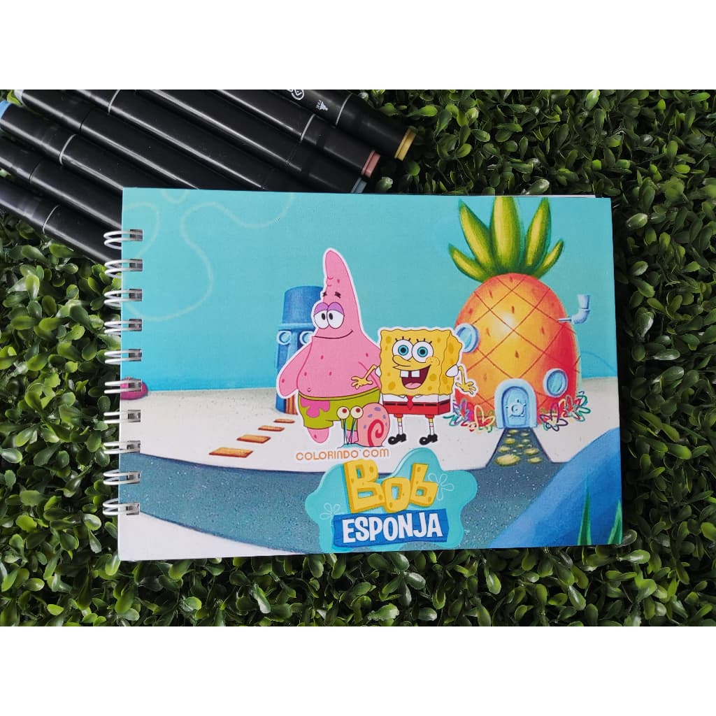 Livro de Colorir Bob Esponja A5 Capa Dura 50 Folhas Grossas com Acetato com ou sem Nome