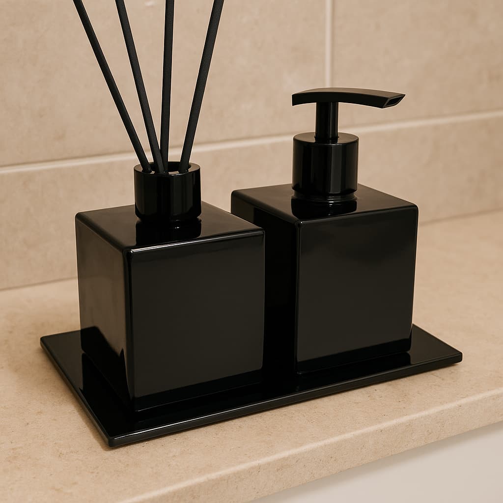 Kit Banheiro Preto Brilho Porta Sabonete Líquido e Aromatizador de Ambiente 250ml